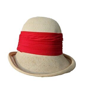Vintage Patrice Ladies Woven Straw Summer Hat Red Sash Rolled Rim High Dome